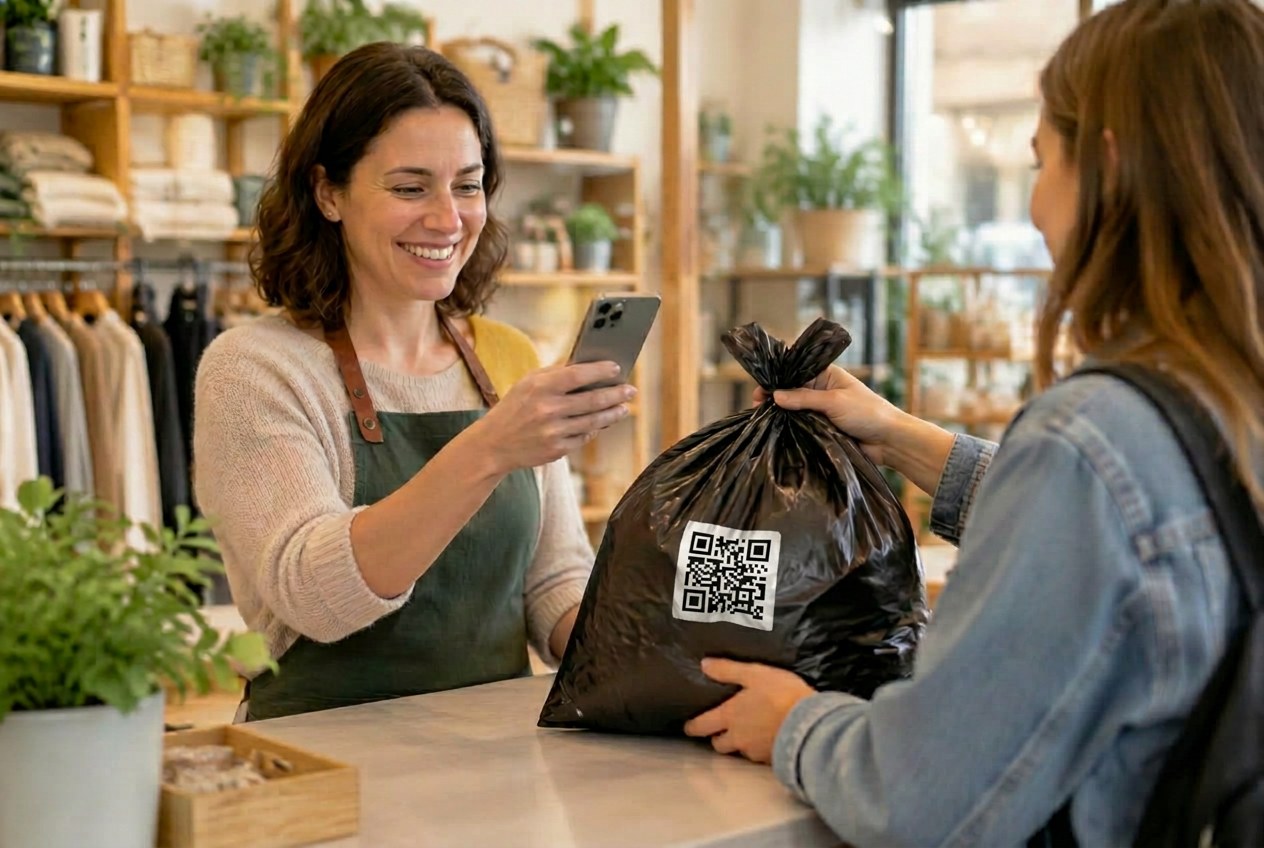 A shop owner scanning a black bag's QR label on the counter as a customer hands it over