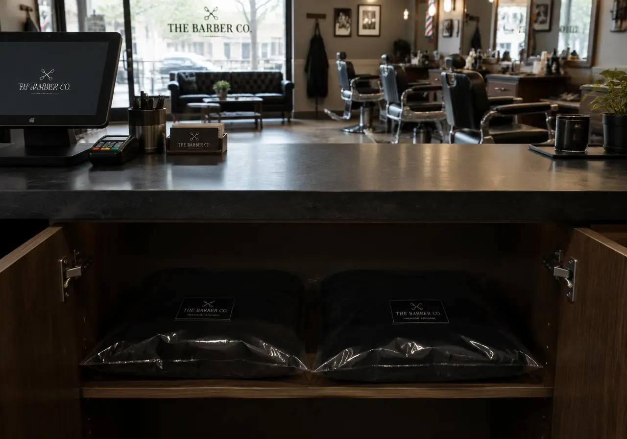 Sealed bags stored out of sight at a barber shops location