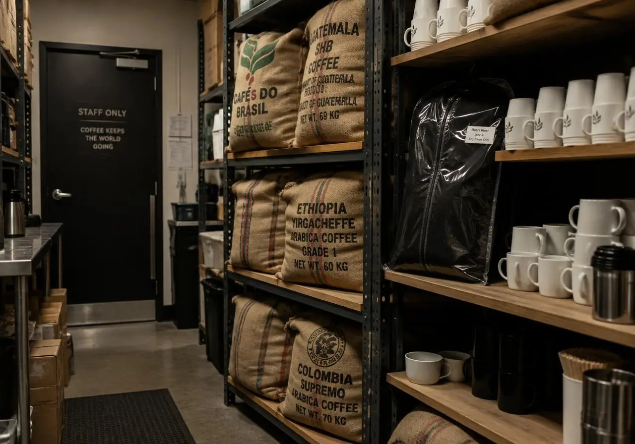 Sealed bags stored out of sight at a coffee shops location