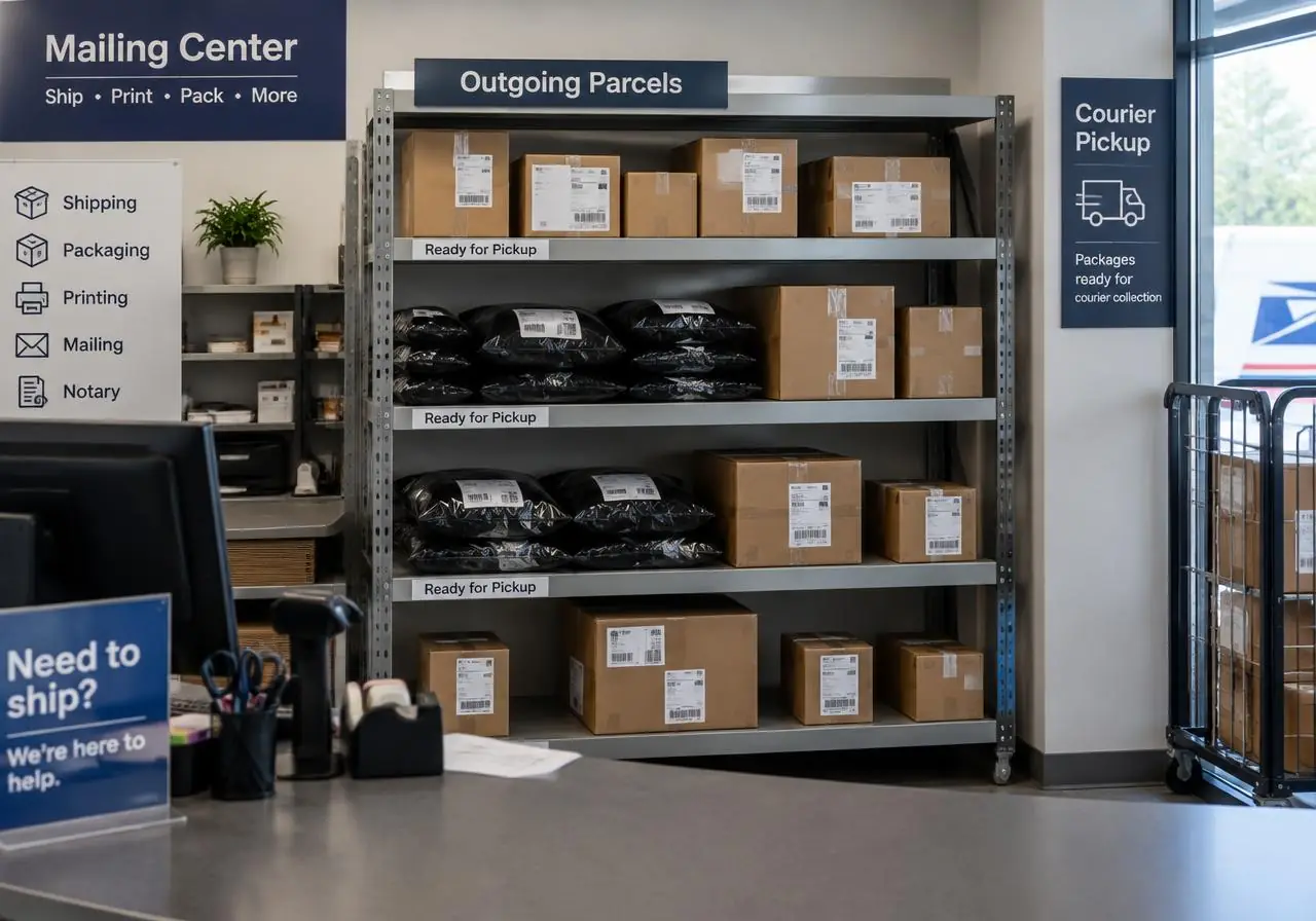 Sealed bags stored out of sight at a mailing centers location